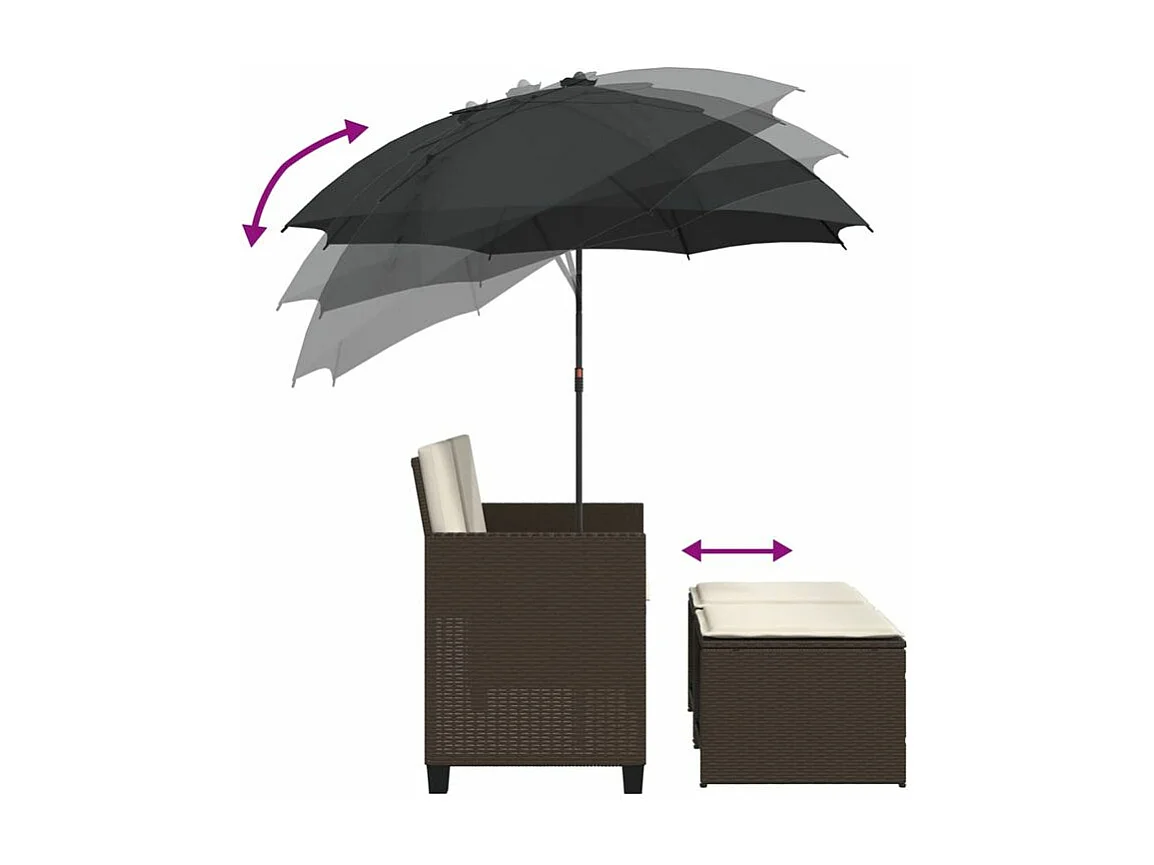 Canapé de jardin 2 places et parasol et tabourets marron rotin