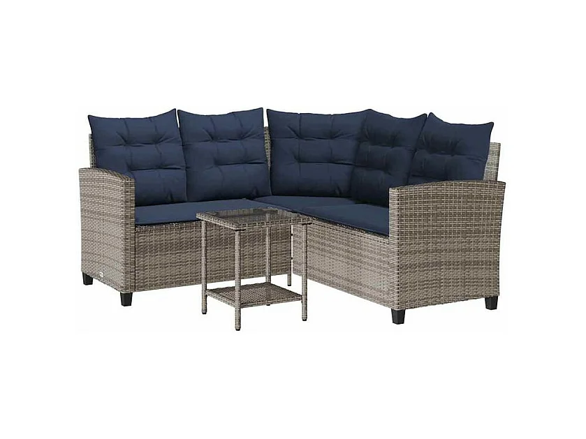 Canapé de jardin avec table et coussins en forme de L gris