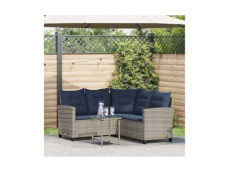 Canapé de jardin avec table et coussins en forme de L gris