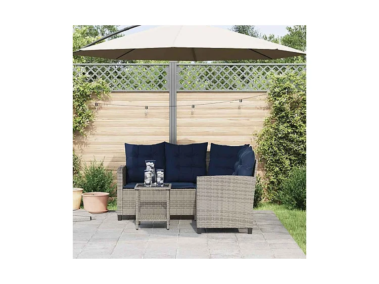 Canapé de jardin avec table et coussins en forme de L gris