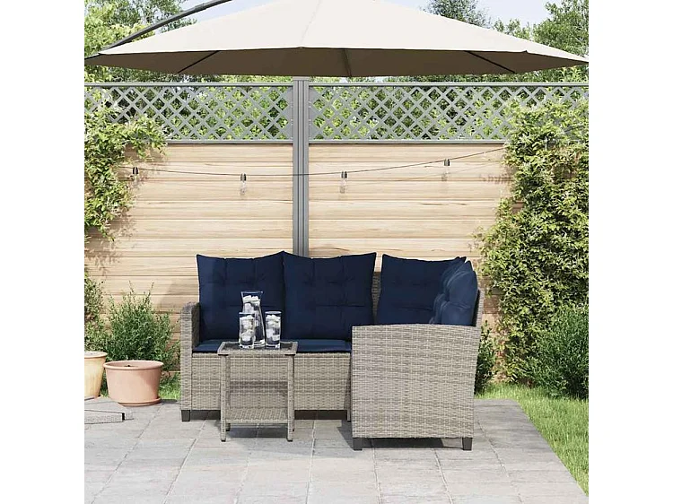 Canapé de jardin avec table et coussins en forme de L gris