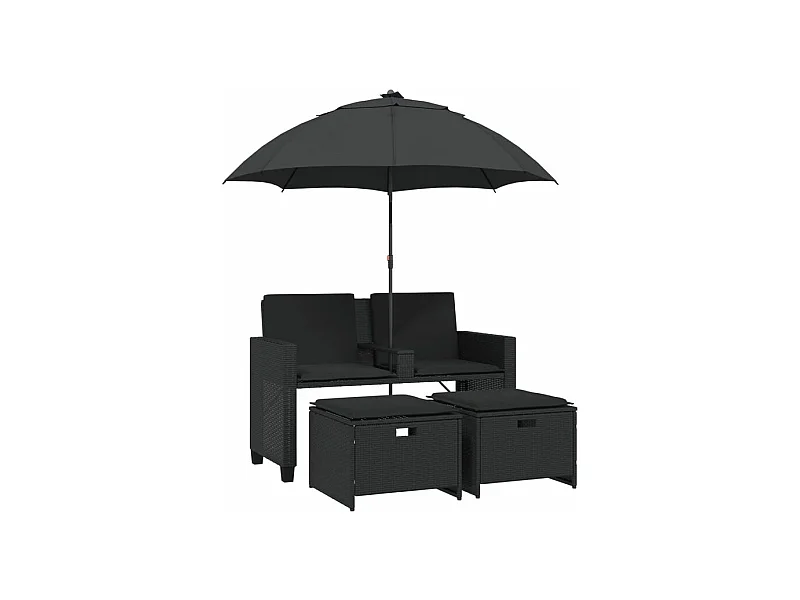 Canapé de jardin 2 places avec parasol et tabourets noir rotin