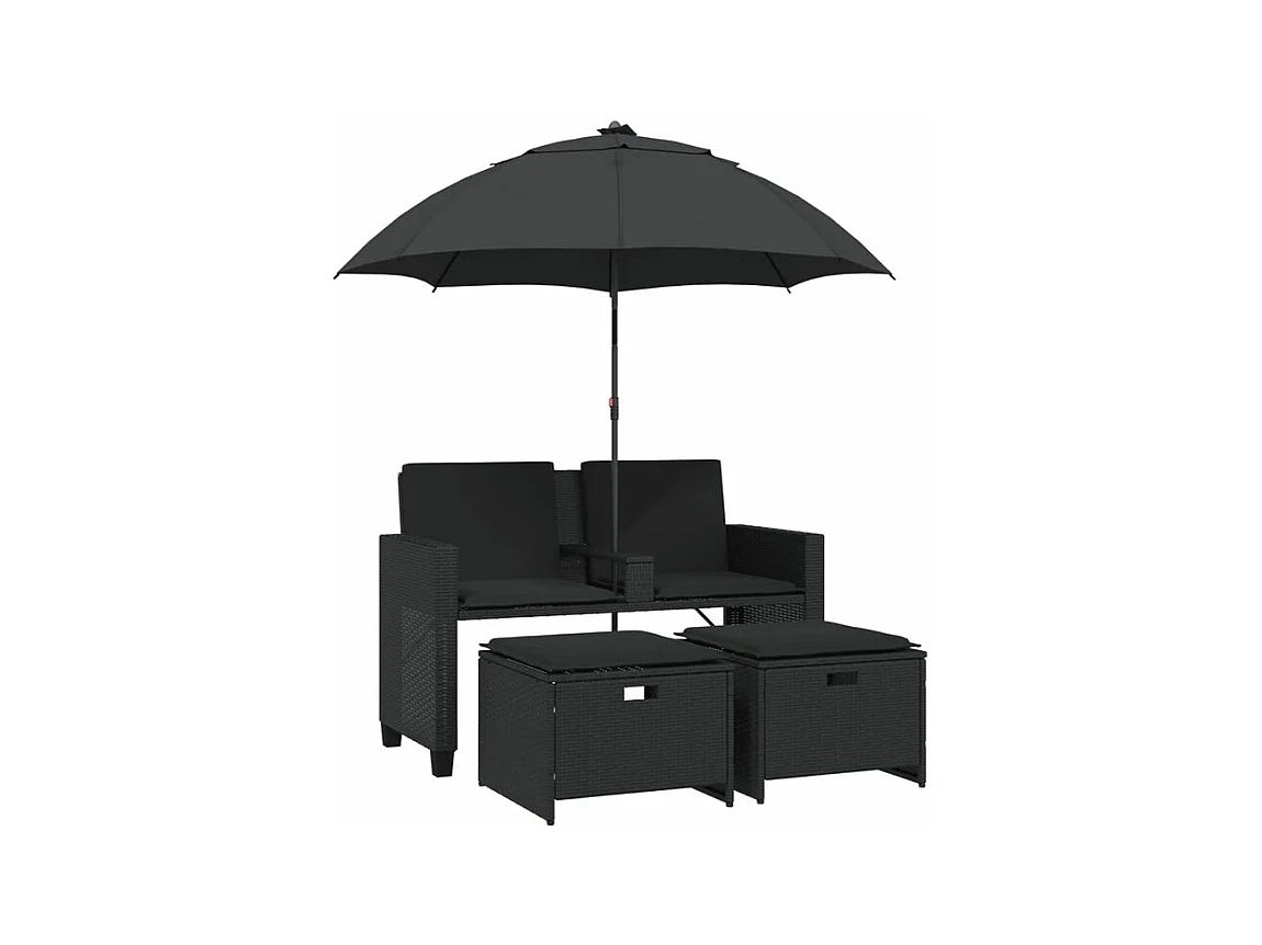 Canapé de jardin 2 places avec parasol et tabourets noir rotin