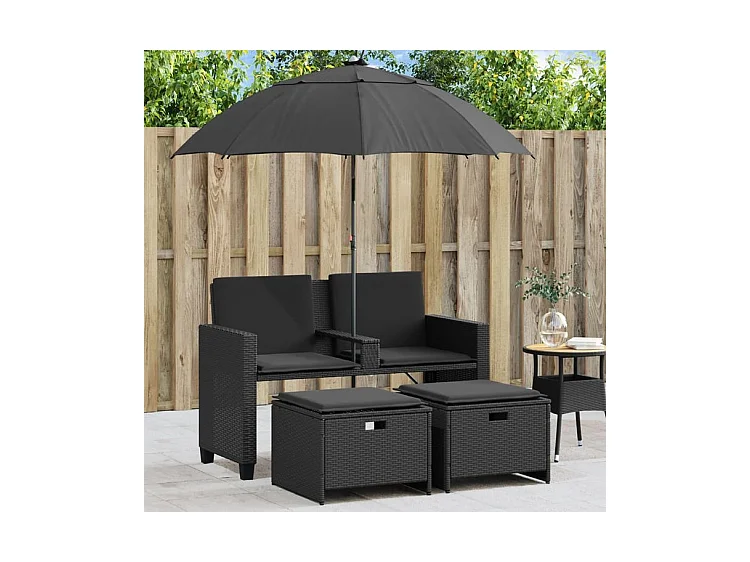 Canapé de jardin 2 places avec parasol et tabourets noir rotin