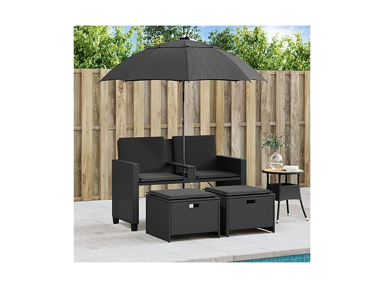 Canapé de jardin 2 places avec parasol et tabourets noir rotin