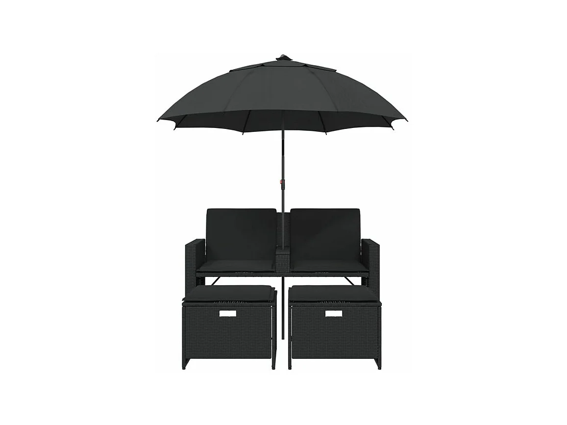 Canapé de jardin 2 places avec parasol et tabourets noir rotin