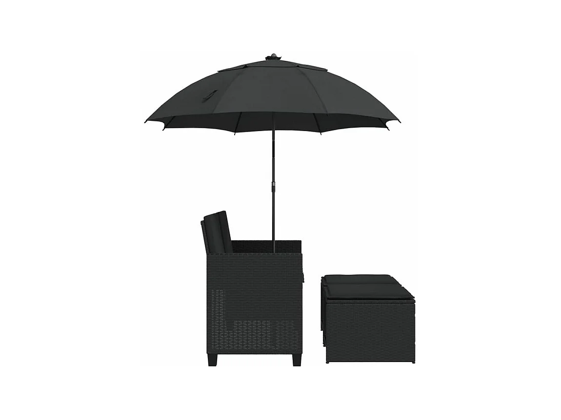 Canapé de jardin 2 places avec parasol et tabourets noir rotin