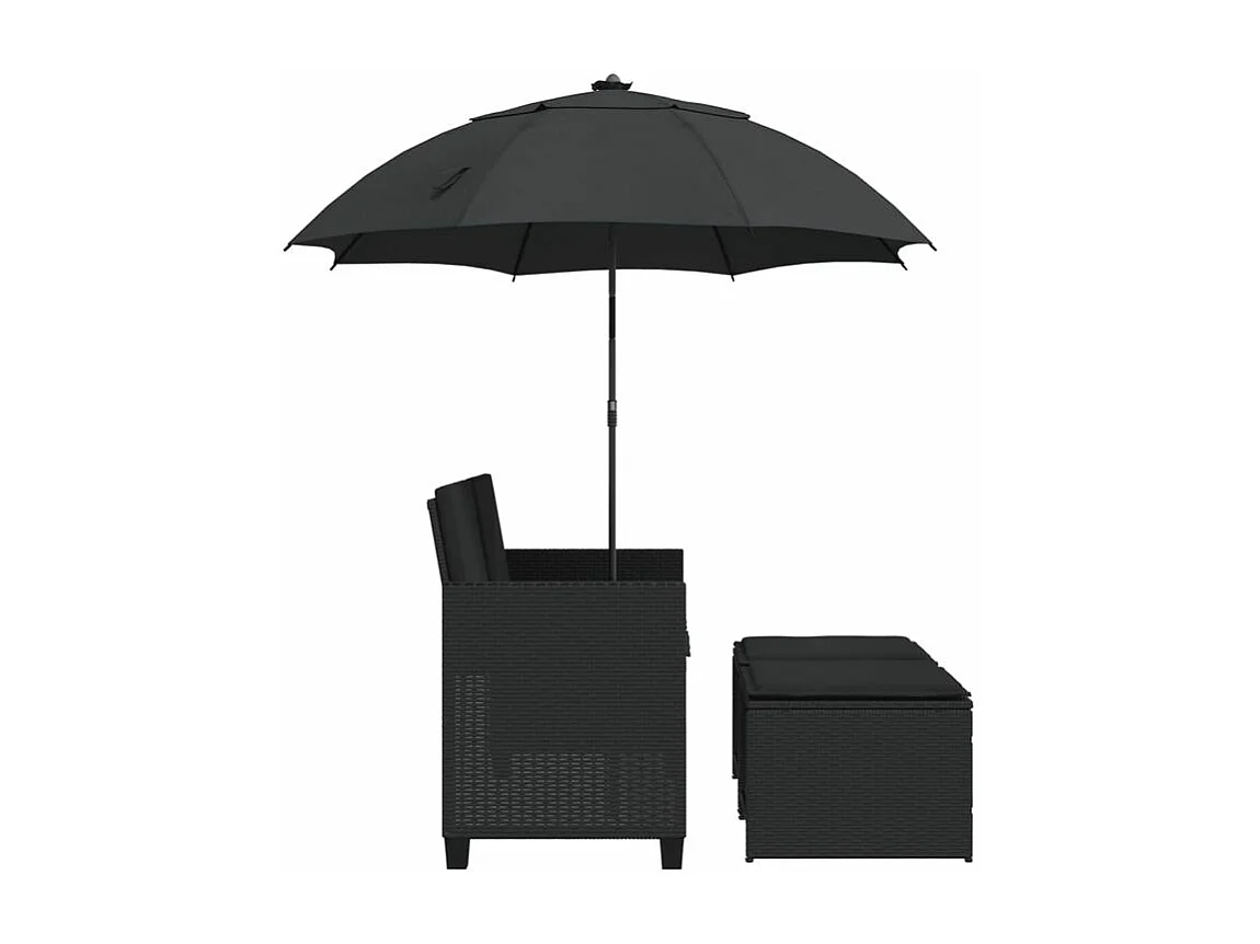 Canapé de jardin 2 places avec parasol et tabourets noir rotin