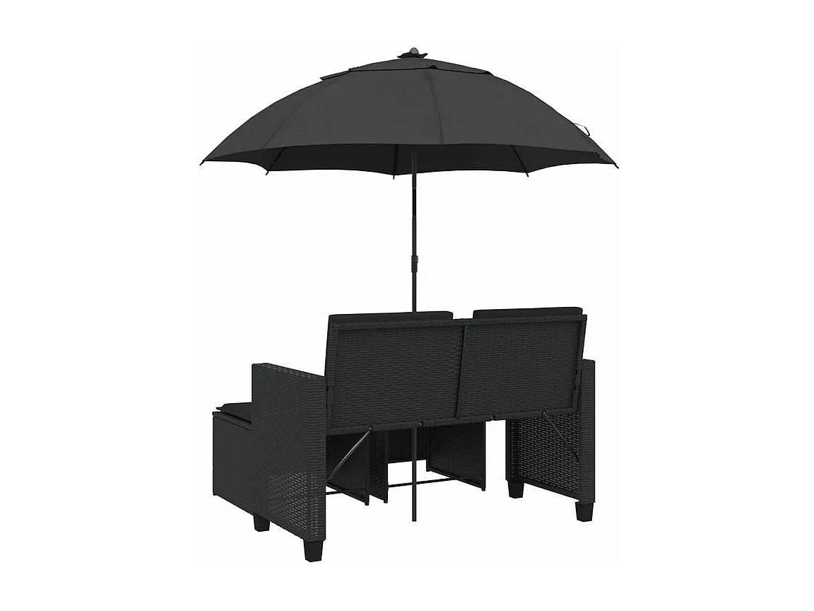 Canapé de jardin 2 places avec parasol et tabourets noir rotin