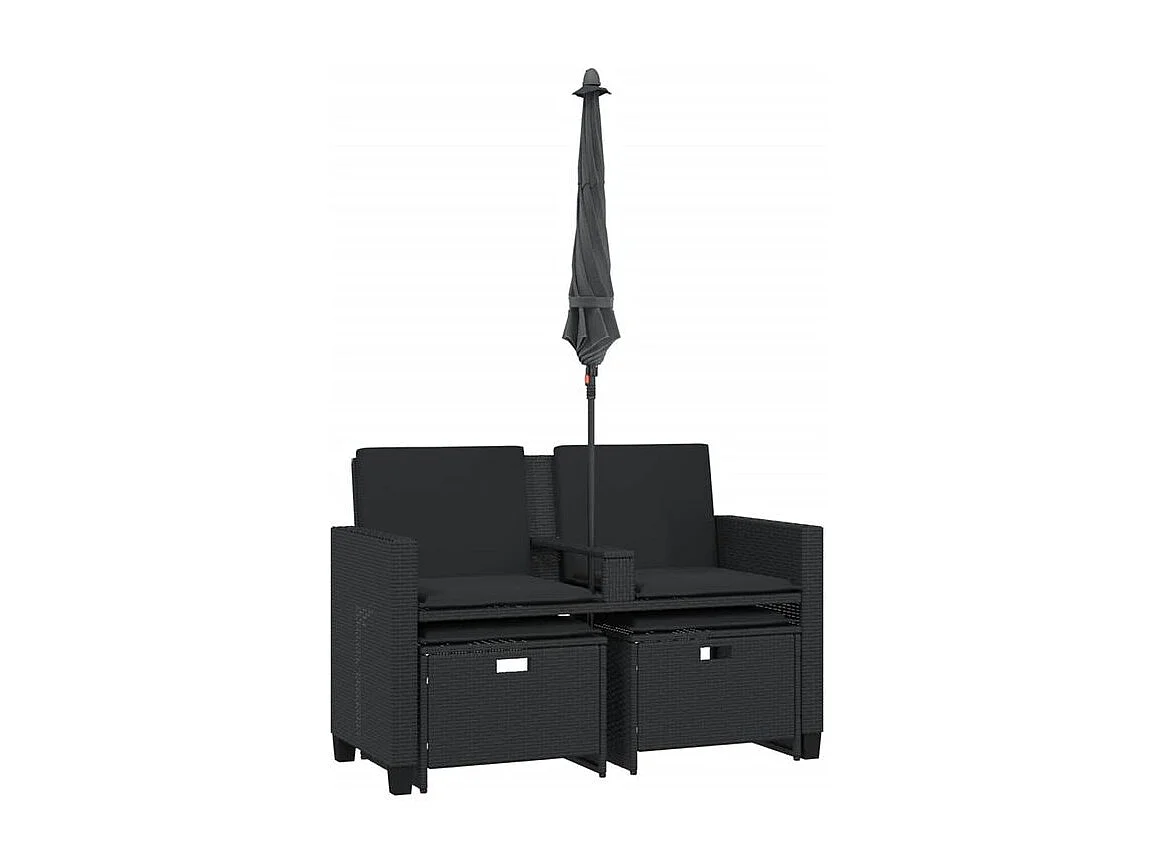 Canapé de jardin 2 places avec parasol et tabourets noir rotin