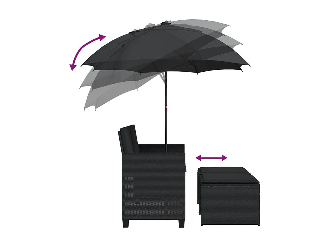 Canapé de jardin 2 places avec parasol et tabourets noir rotin