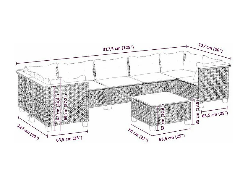 Salon de jardin avec coussins 8 pcs beige résine tressée