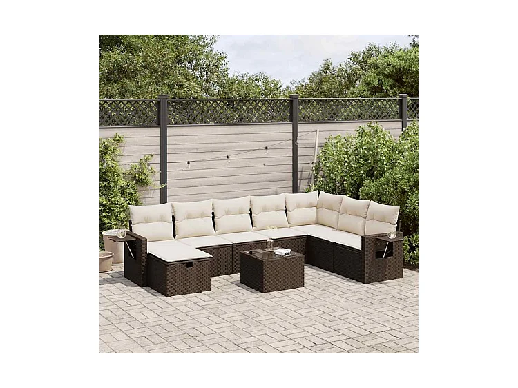 Salon de jardin avec coussins 9 pcs marron résine tressée
