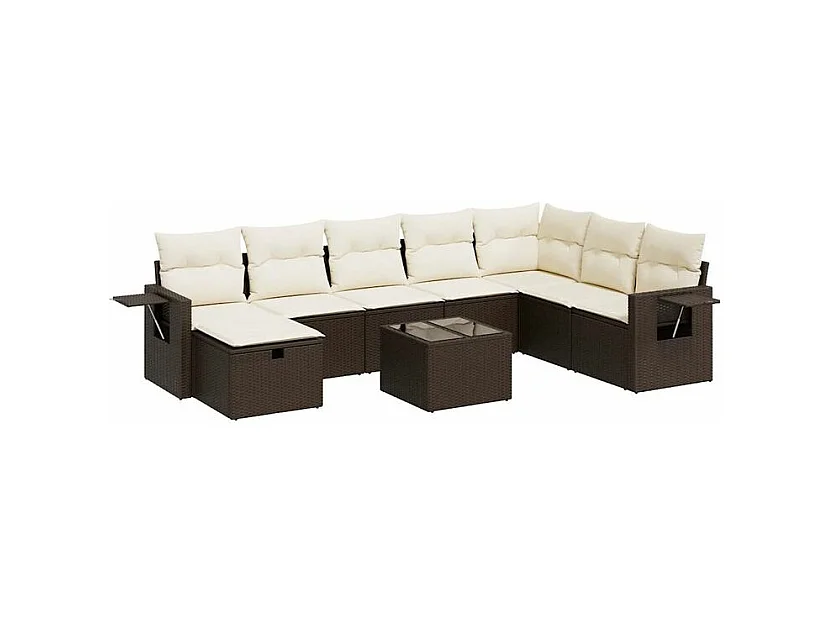 Salon de jardin avec coussins 9 pcs marron résine tressée