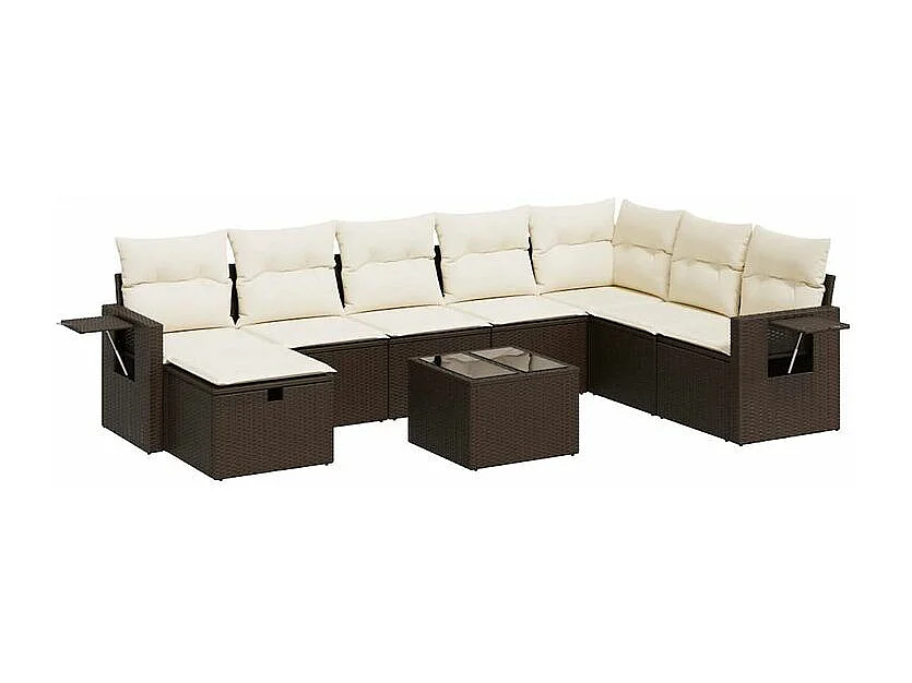 Salon de jardin avec coussins 9 pcs marron résine tressée