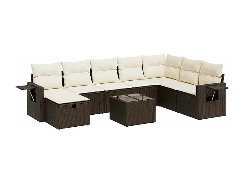 Salon de jardin avec coussins 9 pcs marron résine tressée