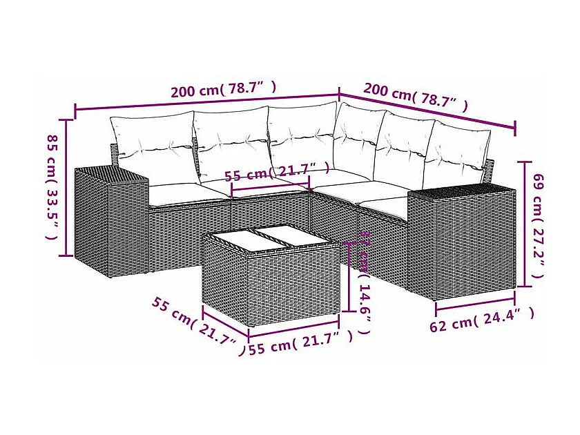 Salon de jardin avec coussins 6 pcs marron résine tressée