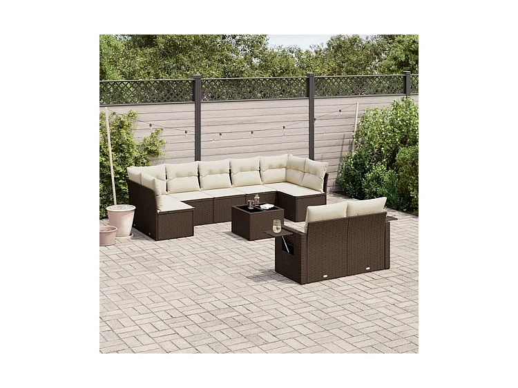Salon de jardin 10 pcs avec coussins marron résine tressée