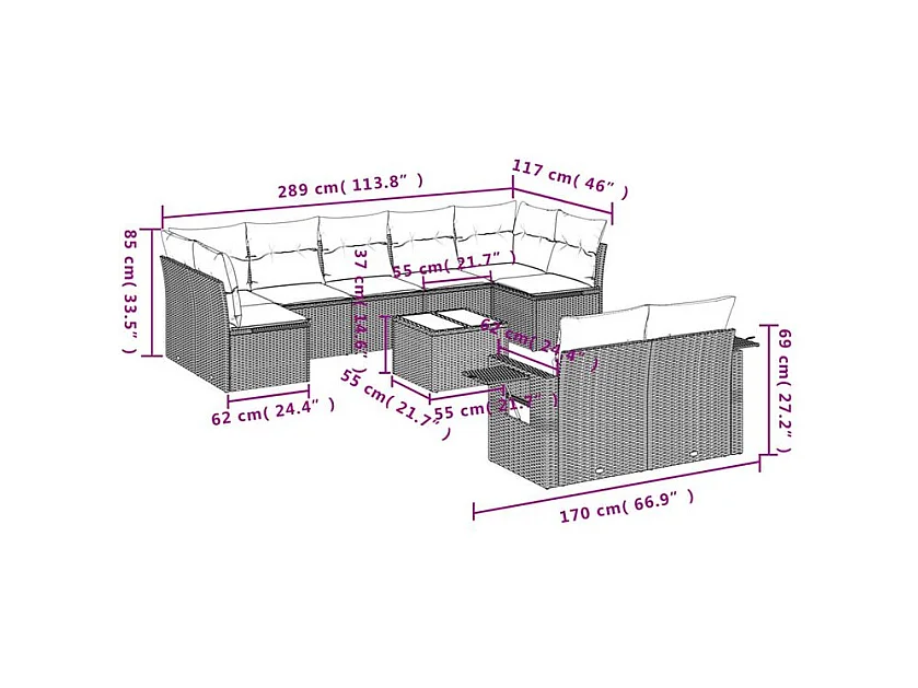 Salon de jardin 10 pcs avec coussins marron résine tressée