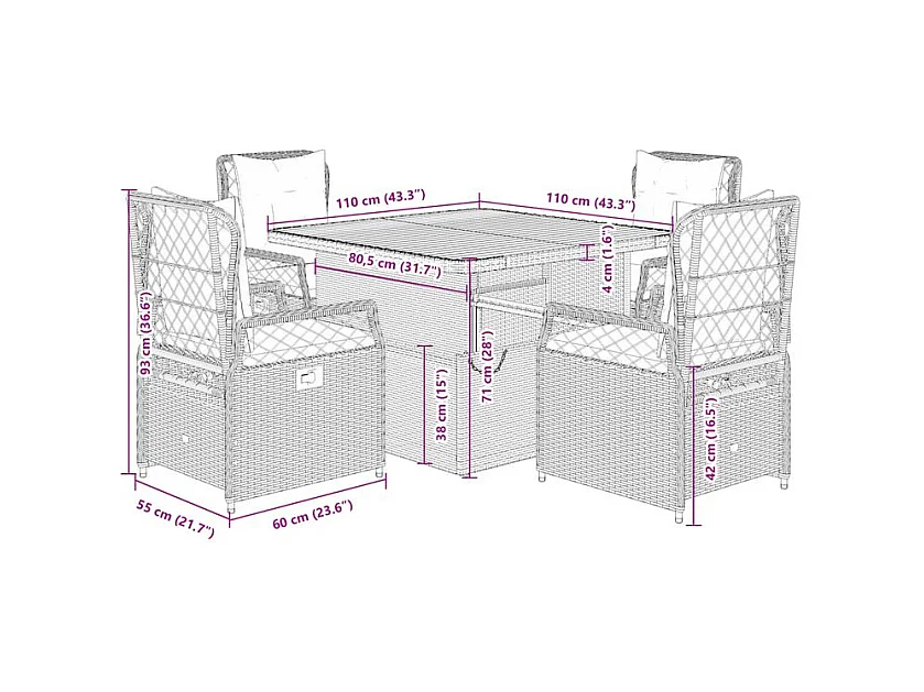 Ensemble à manger de jardin 5 pcs coussins gris résine tressée