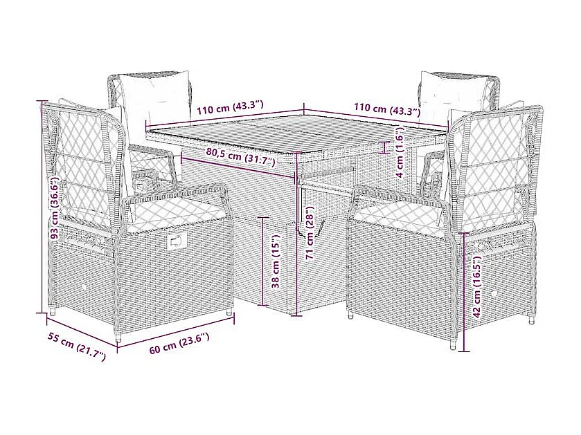 Ensemble à manger de jardin 5 pcs coussins gris résine tressée