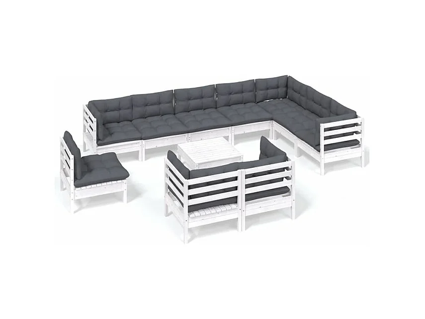 Salon de jardin 11 pcs avec coussins blanc bois de pin solide