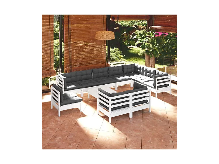 Salon de jardin 11 pcs avec coussins blanc bois de pin solide