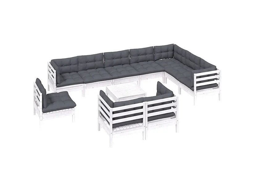 Salon de jardin 11 pcs avec coussins blanc bois de pin solide