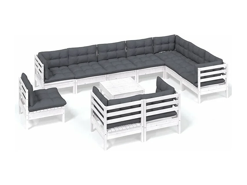 Salon de jardin 11 pcs avec coussins blanc bois de pin solide