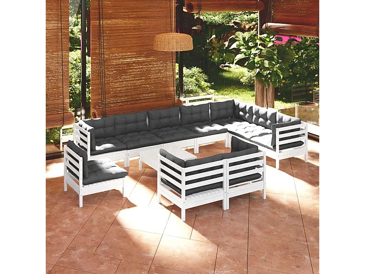 Salon de jardin 11 pcs avec coussins blanc bois de pin solide