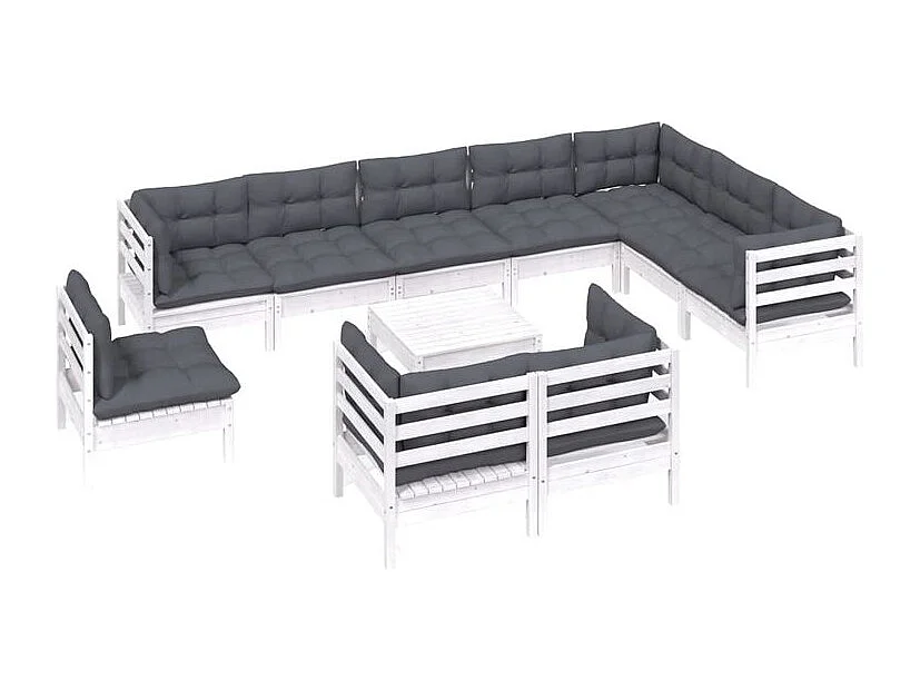 Salon de jardin 11 pcs avec coussins blanc bois de pin solide
