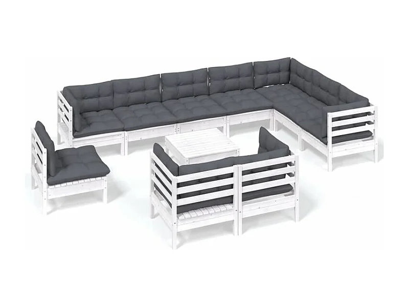 Salon de jardin 11 pcs avec coussins blanc bois de pin solide