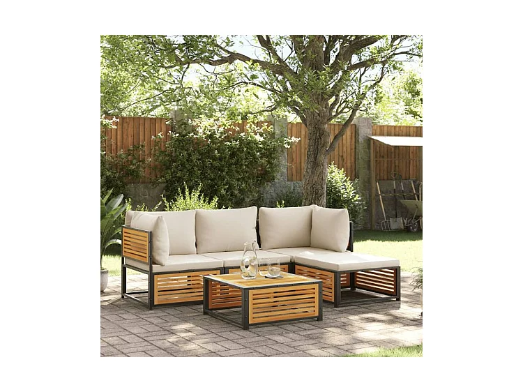 Salon de jardin avec coussins 5 pcs Bois d'acacia solide