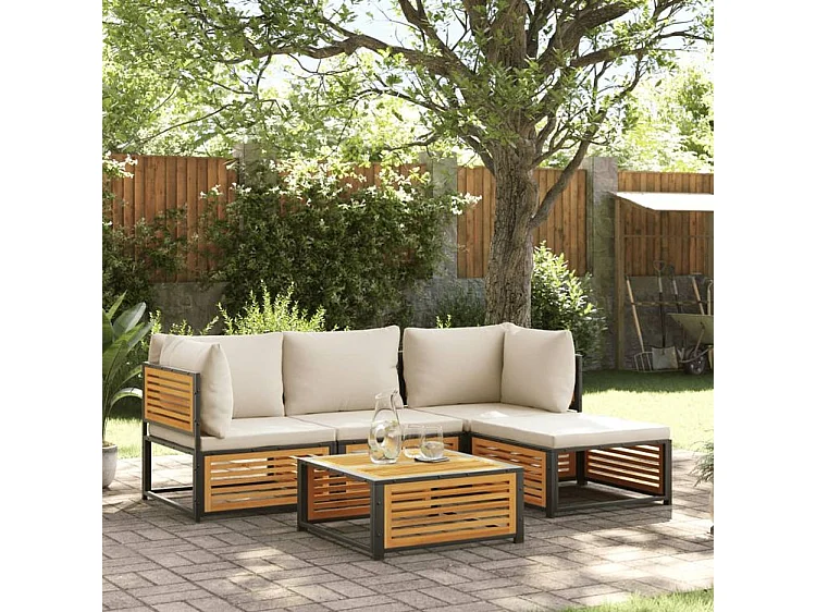 Salon de jardin avec coussins 5 pcs Bois d'acacia solide