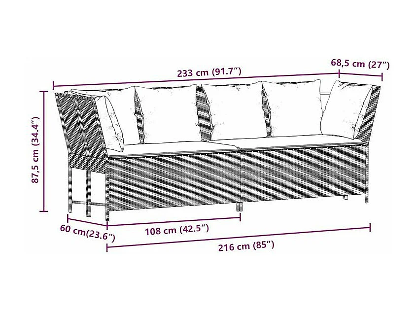 Canapé de jardin et coussins gris clair résine tressée