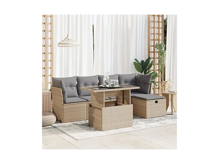 Salon de jardin avec coussins 6 pcs beige résine tressée