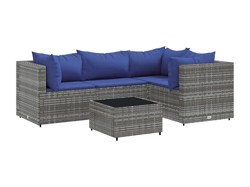 Salon de jardin 5 pcs avec coussins Gris Résine tressée