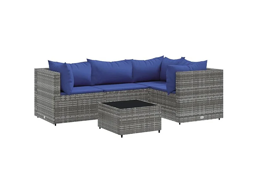 Salon de jardin 5 pcs avec coussins Gris Résine tressée