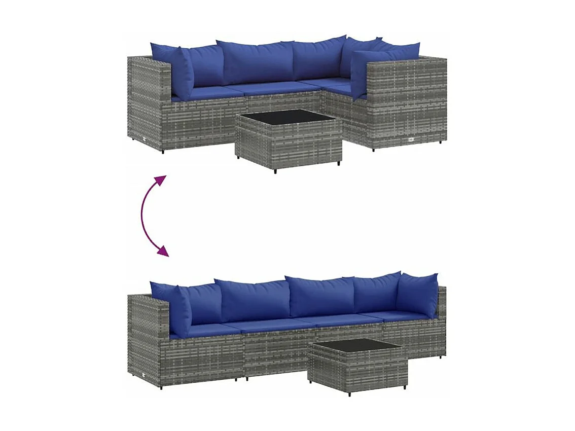 Salon de jardin 5 pcs avec coussins Gris Résine tressée