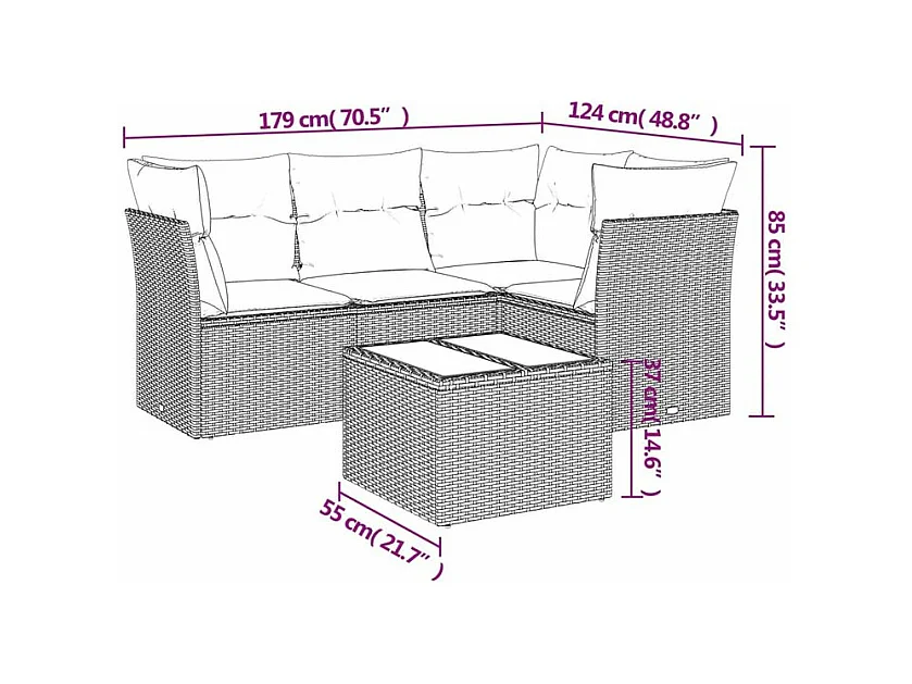 Salon de jardin avec coussins 5 pcs marron résine tressée