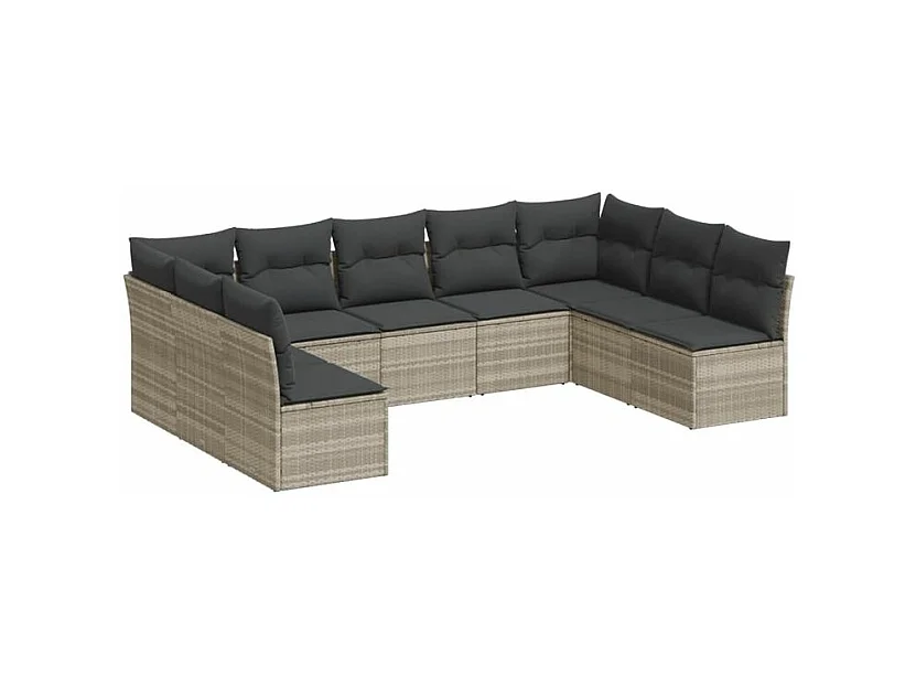 Salon de jardin 9 pcs avec coussins gris clair résine tressée