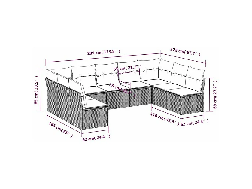 Salon de jardin 9 pcs avec coussins gris clair résine tressée