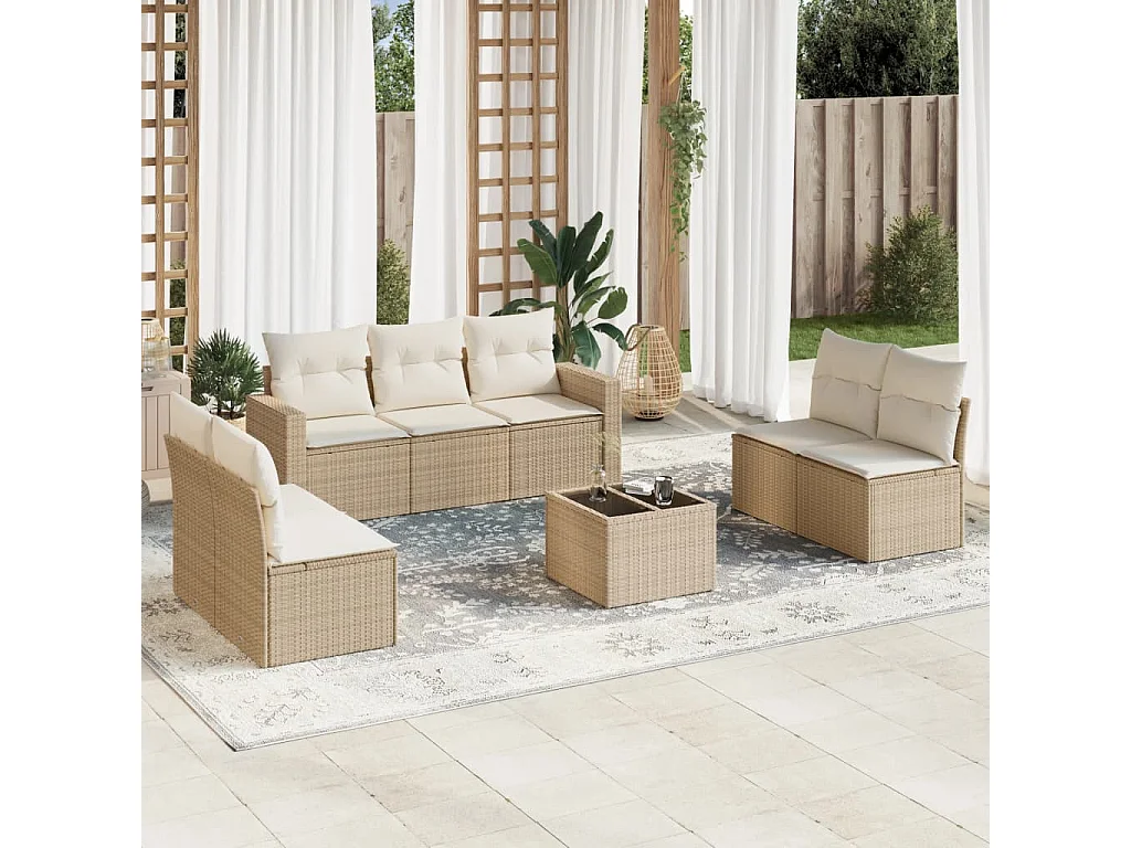 Salon de jardin avec coussins 8 pcs beige résine tressée