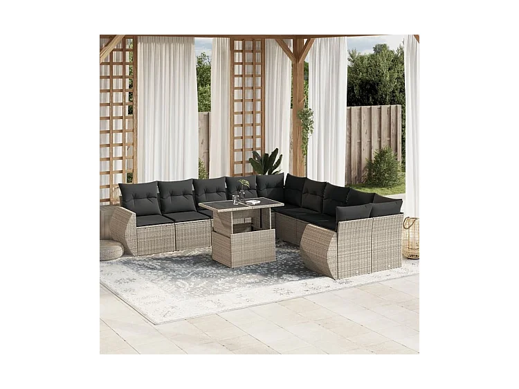 Salon de jardin 11 pcs avec coussins gris clair résine tressée