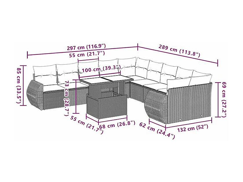 Salon de jardin 11 pcs avec coussins gris clair résine tressée