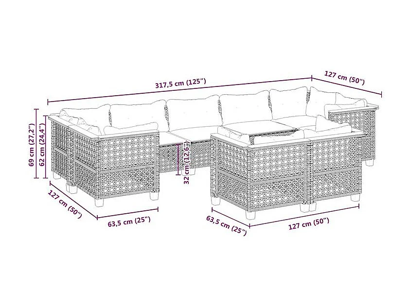 Salon de jardin 9 pcs avec coussins gris résine tressée