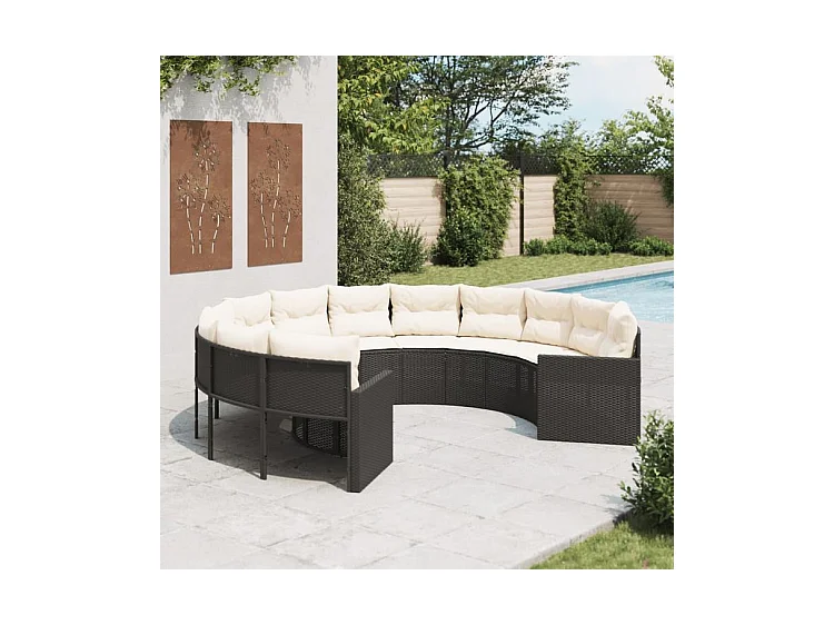 Canapé de jardin avec coussins rond noir résine tressée