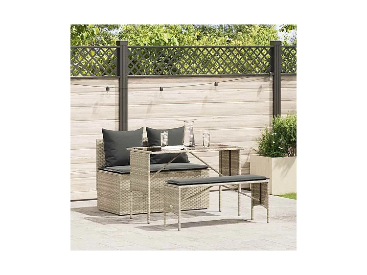 Ensemble à manger de jardin 3pcs coussins gris clair poly rotin