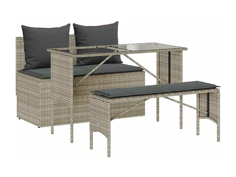 Ensemble à manger de jardin 3pcs coussins gris clair poly rotin