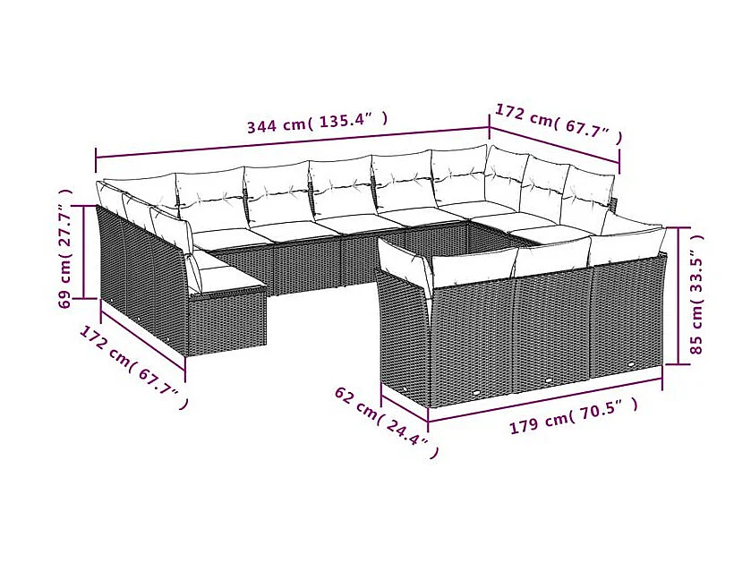 Salon de jardin avec coussins 13 pcs gris clair résine tressée